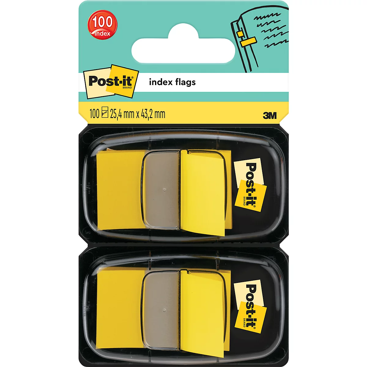 Drapeaux d'index Post-it jaunes dans un emballage noir. Imprimé : Post-it, drapeaux d'index, 100 pièces.