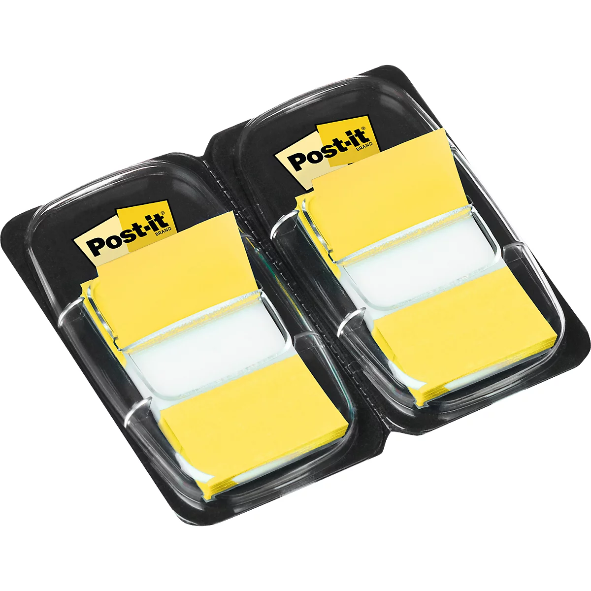 Deux paquets de Post-it jaunes dans un emballage plastique noir.