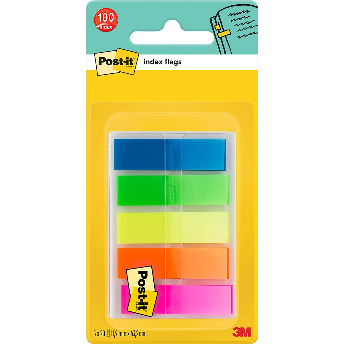 Post-it index flags de différentes couleurs: bleu, vert, jaune, orange et rose. Emballé sur un fond jaune.