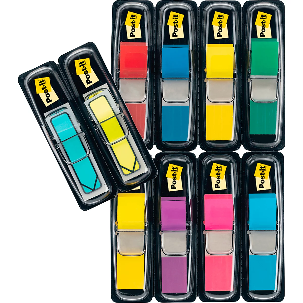 Mehrfarbige Post-it-Haftnotizen in durchsichtigen Verpackungen. Das Post-it-Logo ist sichtbar.