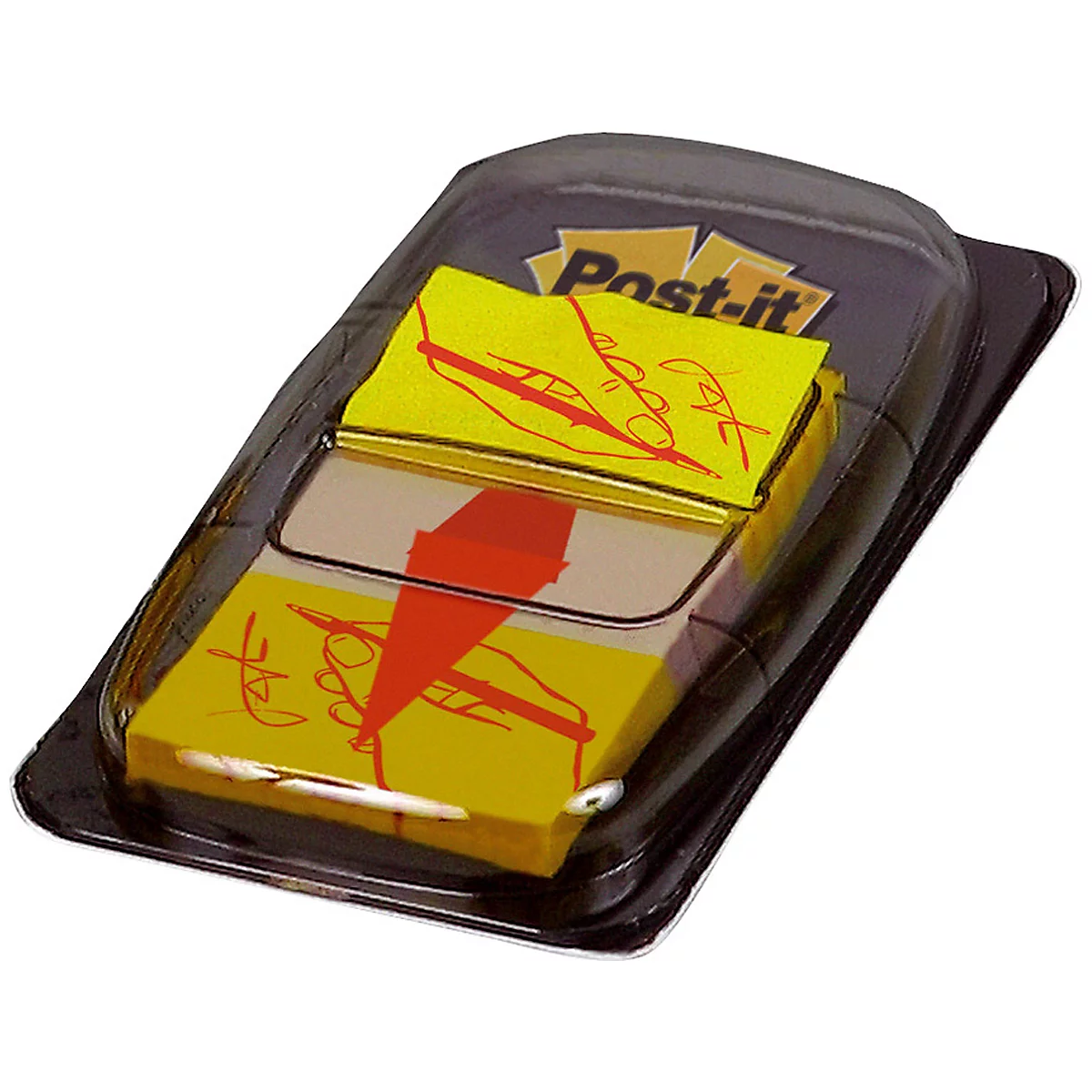 Yellow Post-it notes with red drawings, in transparent plastic packaging. Printed: Post-it.