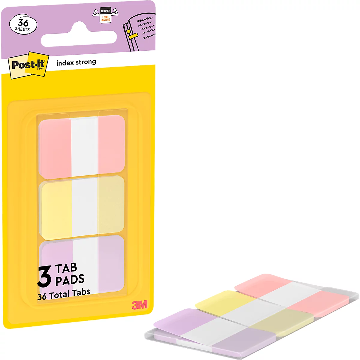 Post-it Haftnotizen mit farbigen Streifen zum Markieren. Packung mit 36 Zetteln, daneben einige lose Zettel.