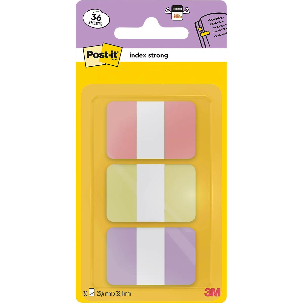 Verpakking met drie Post-it index markers in roze, geel en paars met een witte middenstreep. Tekst bovenaan luidt 'index strong'.