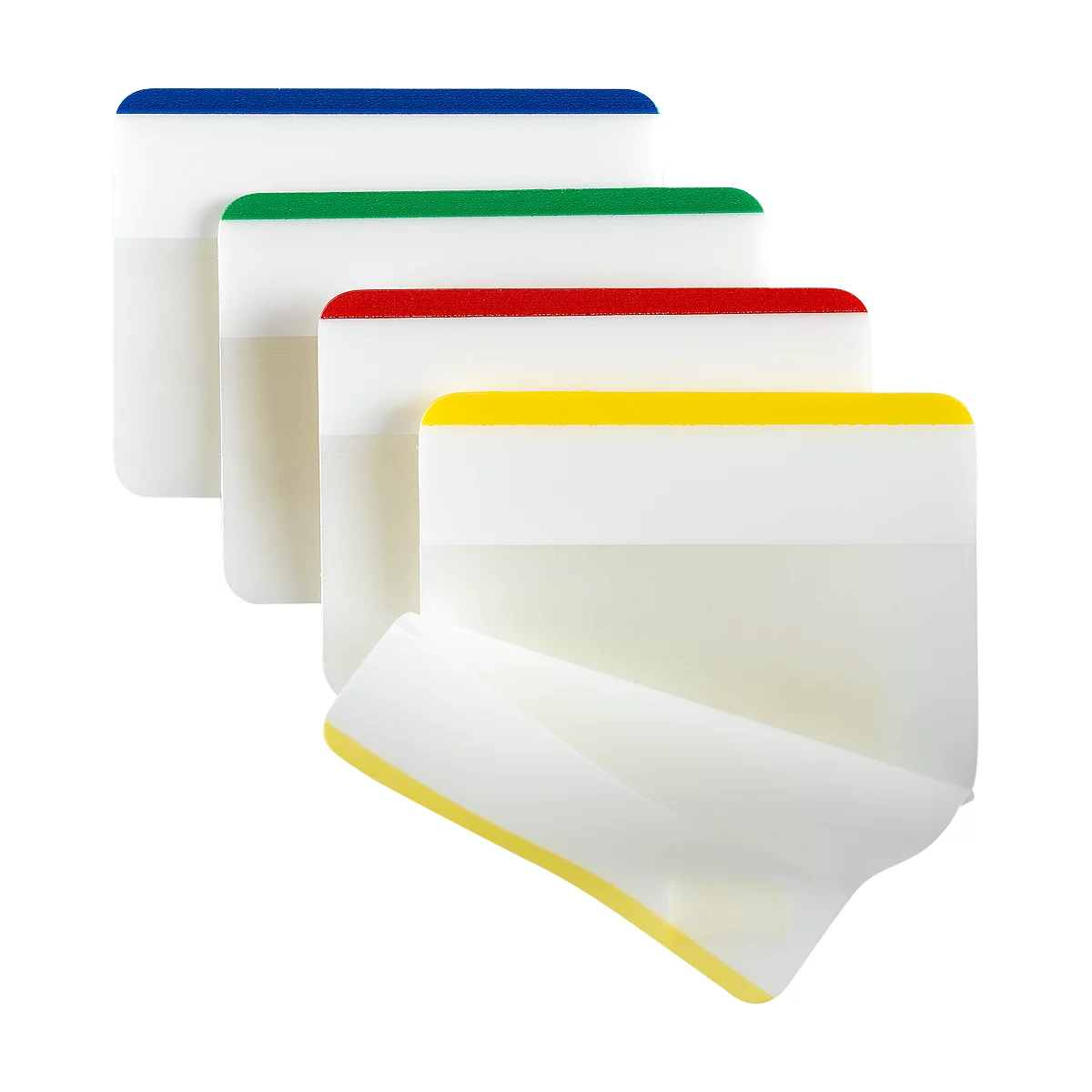 Four squeegees with colored top edges: blue, green, red, yellow. Partially overlapping.