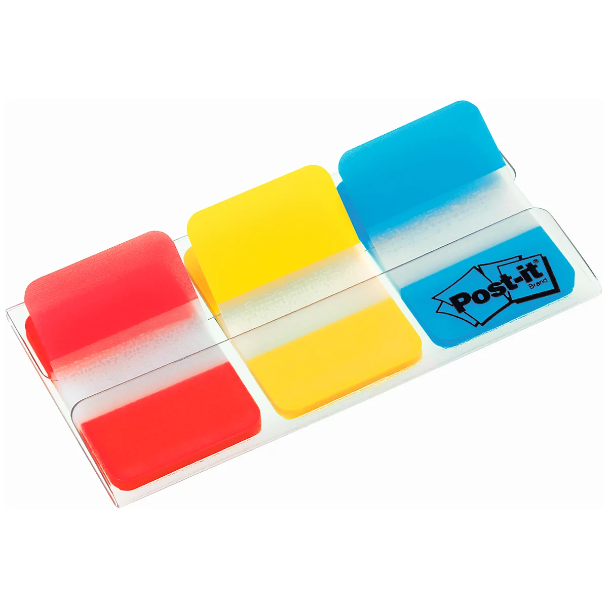 Post-it sticky notes, red, yellow, blue, in holder.