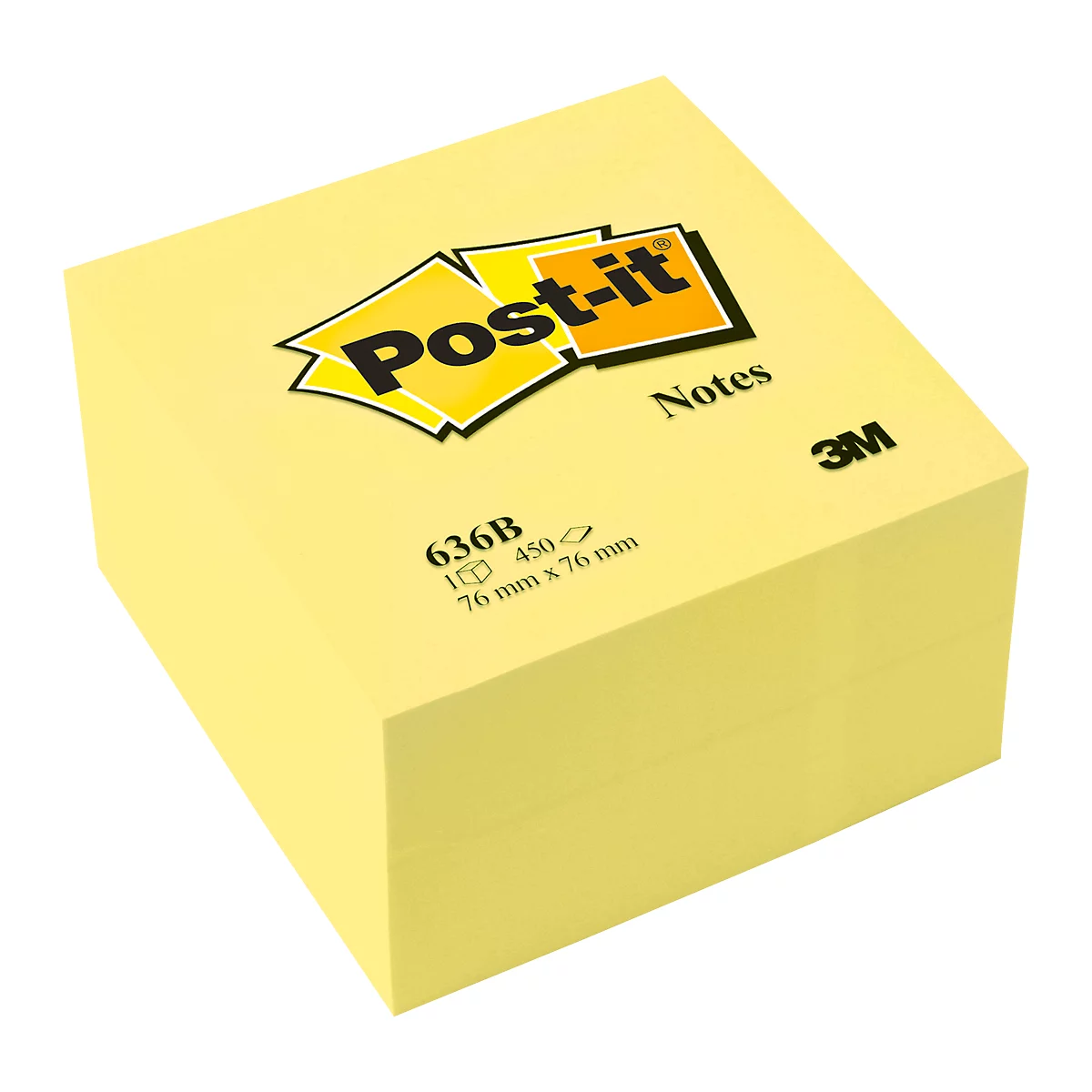 Bloc de notas Post-it amarillo, logotipo y texto en el bloque de papel.