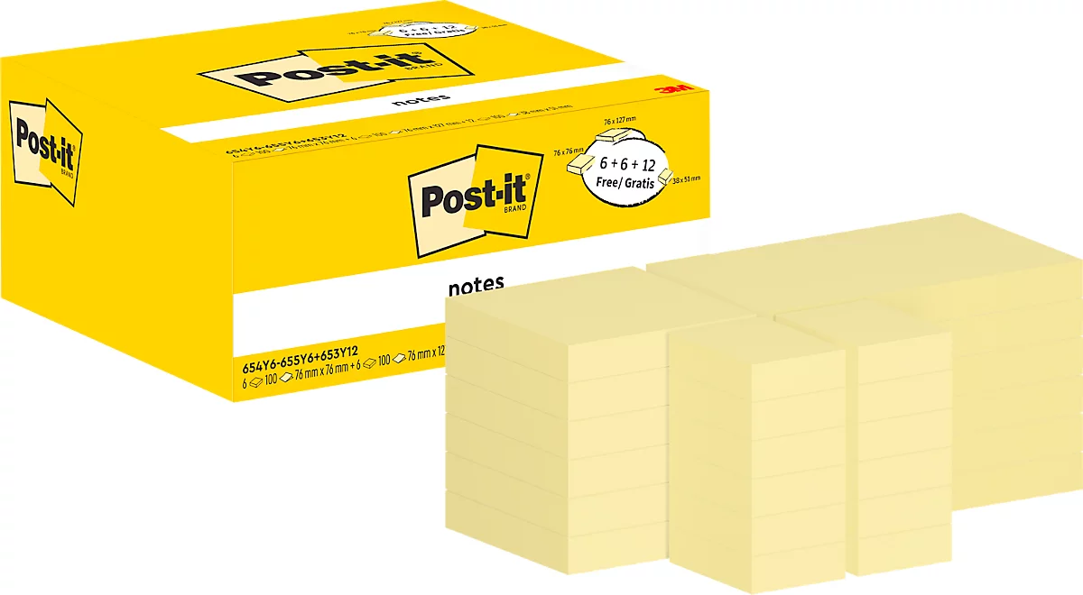 POST-IT Note notas adhesivas 654/655/653 paquete económico, removible, embalaje sin celofán, varios tamaños, amarillo
