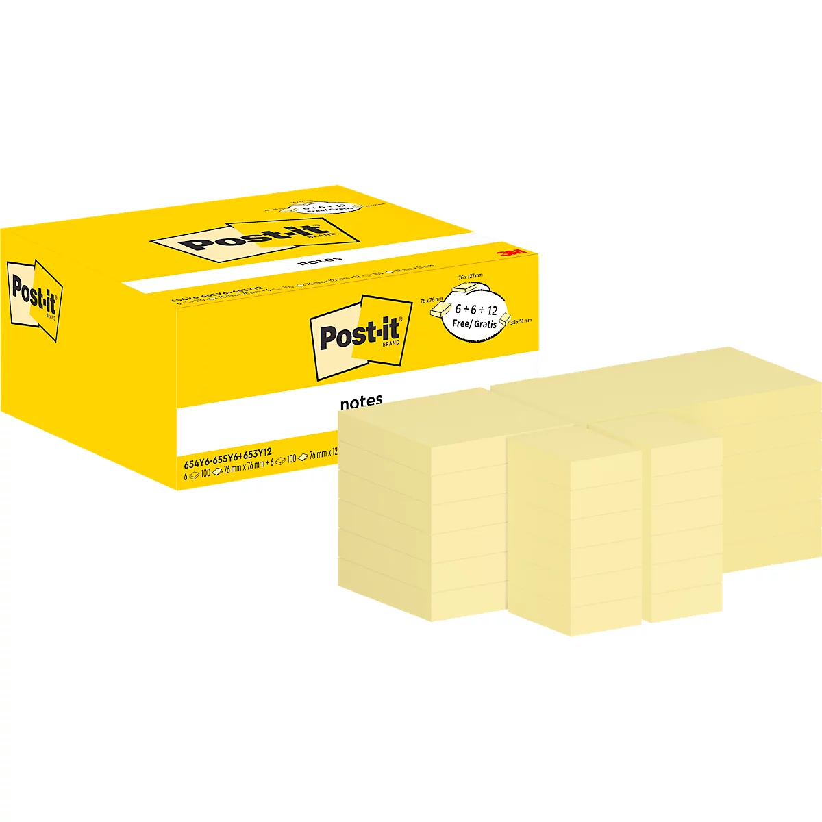 Caja de notas Post-it amarillas y varias pilas de blocs de notas.