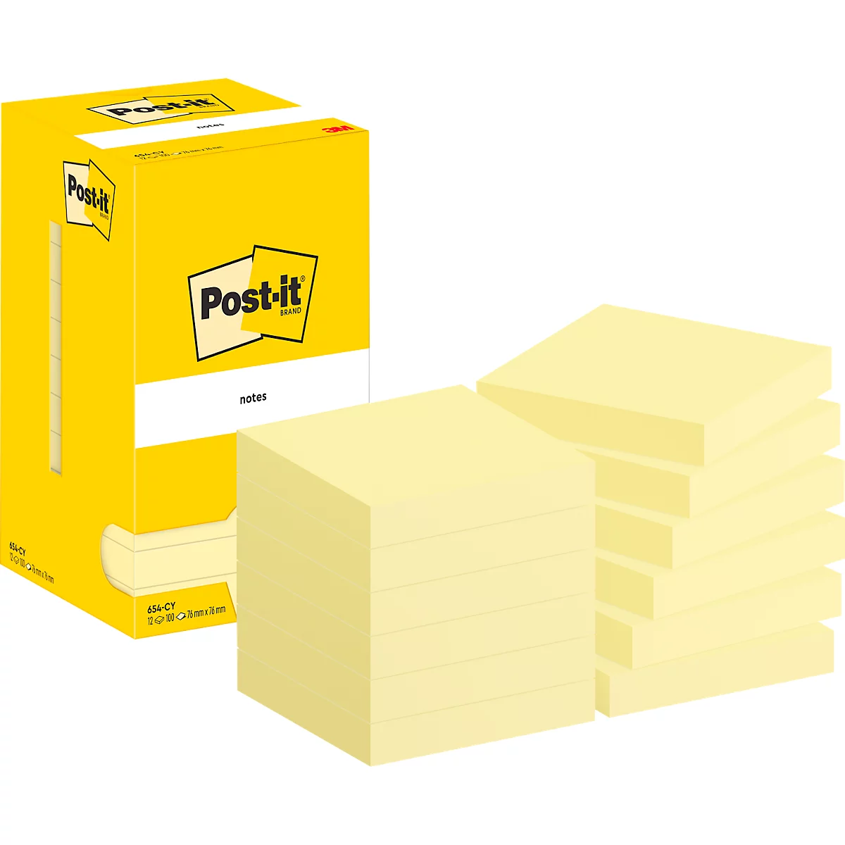 Post-it jaunes, emballés et en vrac, sur fond blanc.