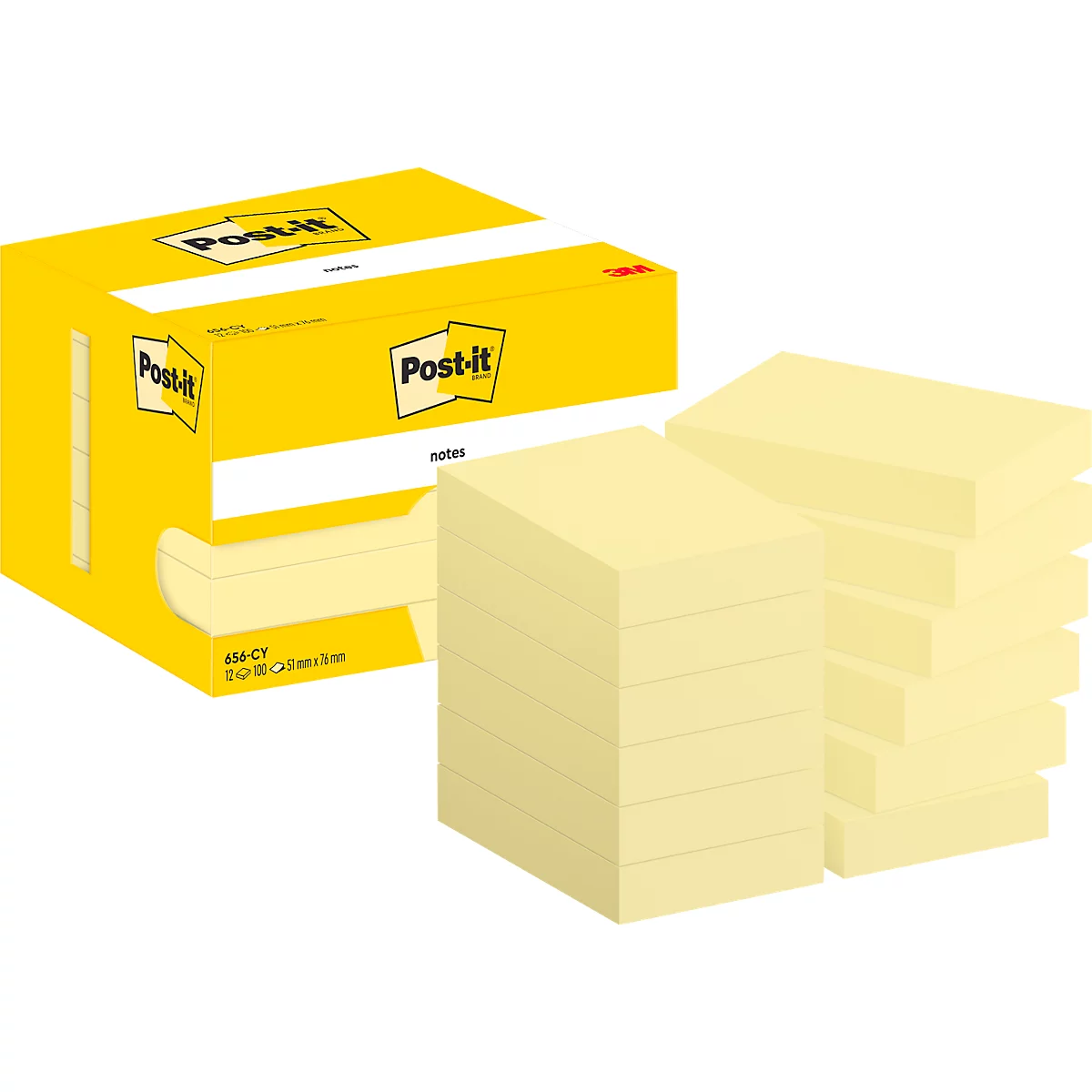 Blocs-notes Post-it jaunes et un emballage avec le logo Post-it.