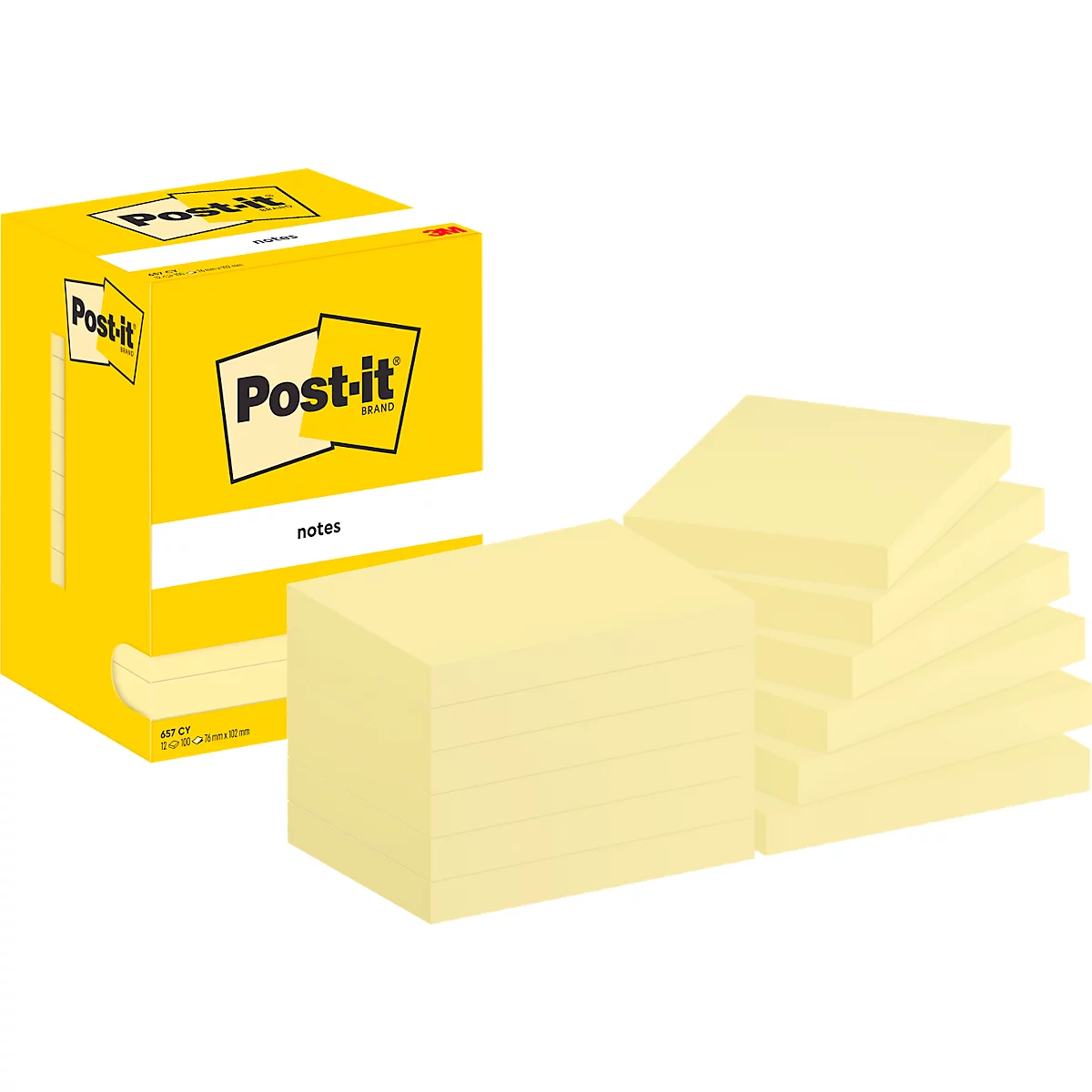 Bloc-notes Post-it jaunes et un emballage avec logo. Des piles de notes et des emballages sont représentés côte à côte.