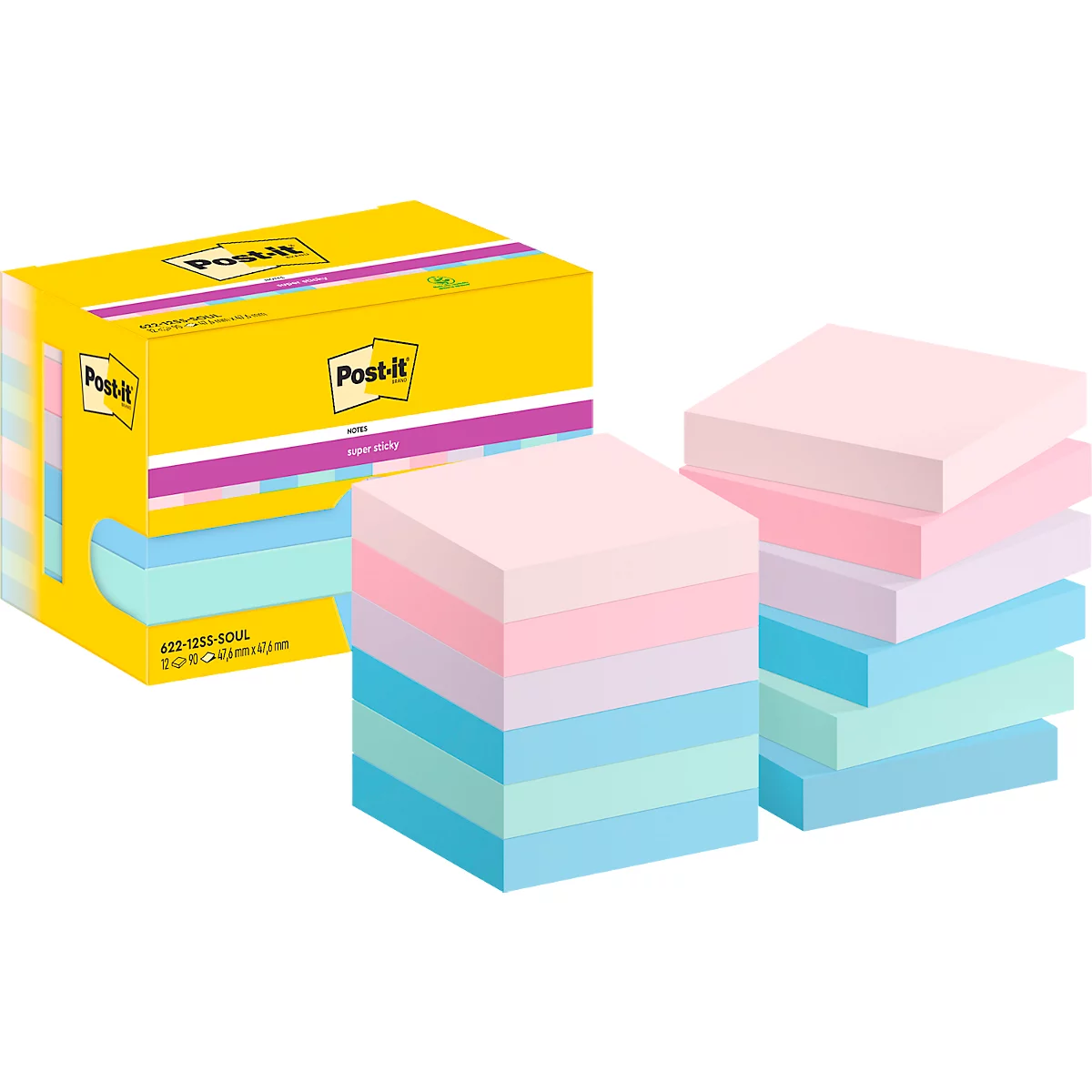 Des piles de Post-it de différentes couleurs à côté d'une boîte jaune avec le logo Post-it.