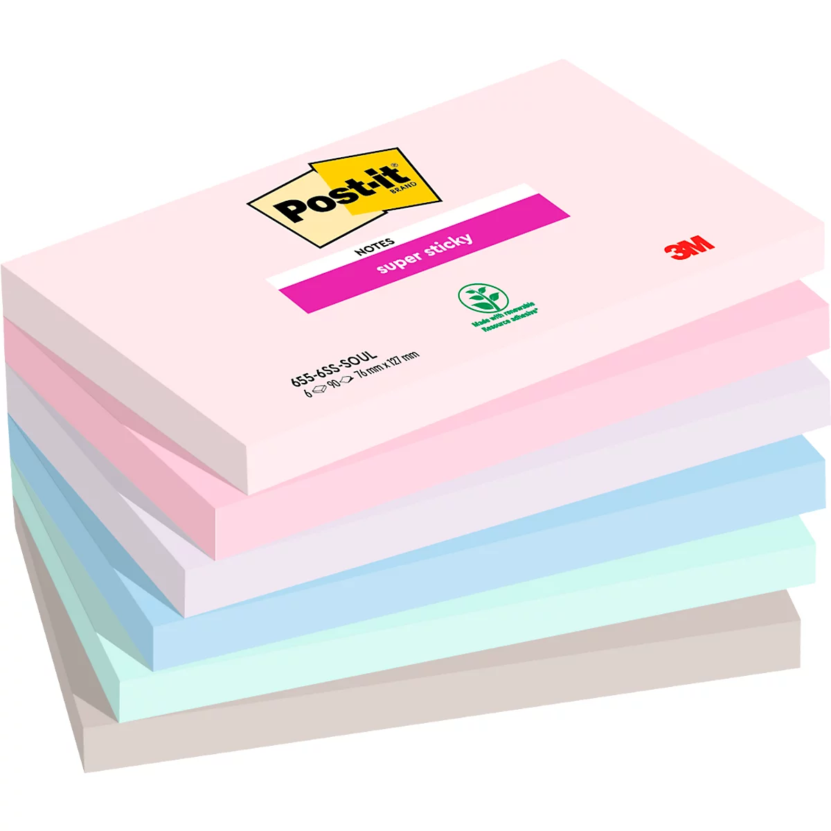 Blocs-notes Post-it multicolores empilés. Le bloc supérieur indique « Post-it » et « Super collant ».