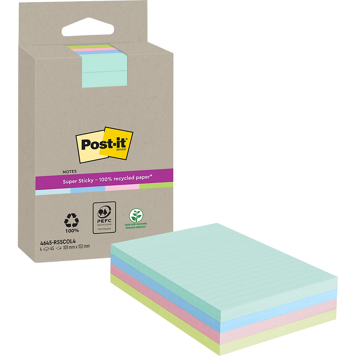 Post-it notes adhésives, colorées. Un paquet avec un bloc et un bloc-notes individuel avec des couleurs. Le texte est sur l'emballage.