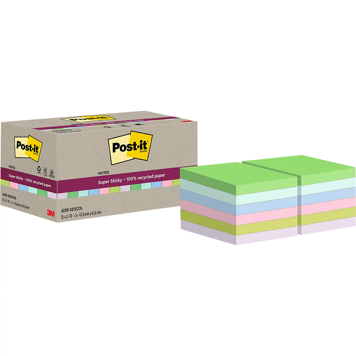 Boîte de Post-it et deux piles de Post-it colorés. La boîte affiche la mention 'Post-it' et la note 'Super Sticky - 100% recycled paper'.