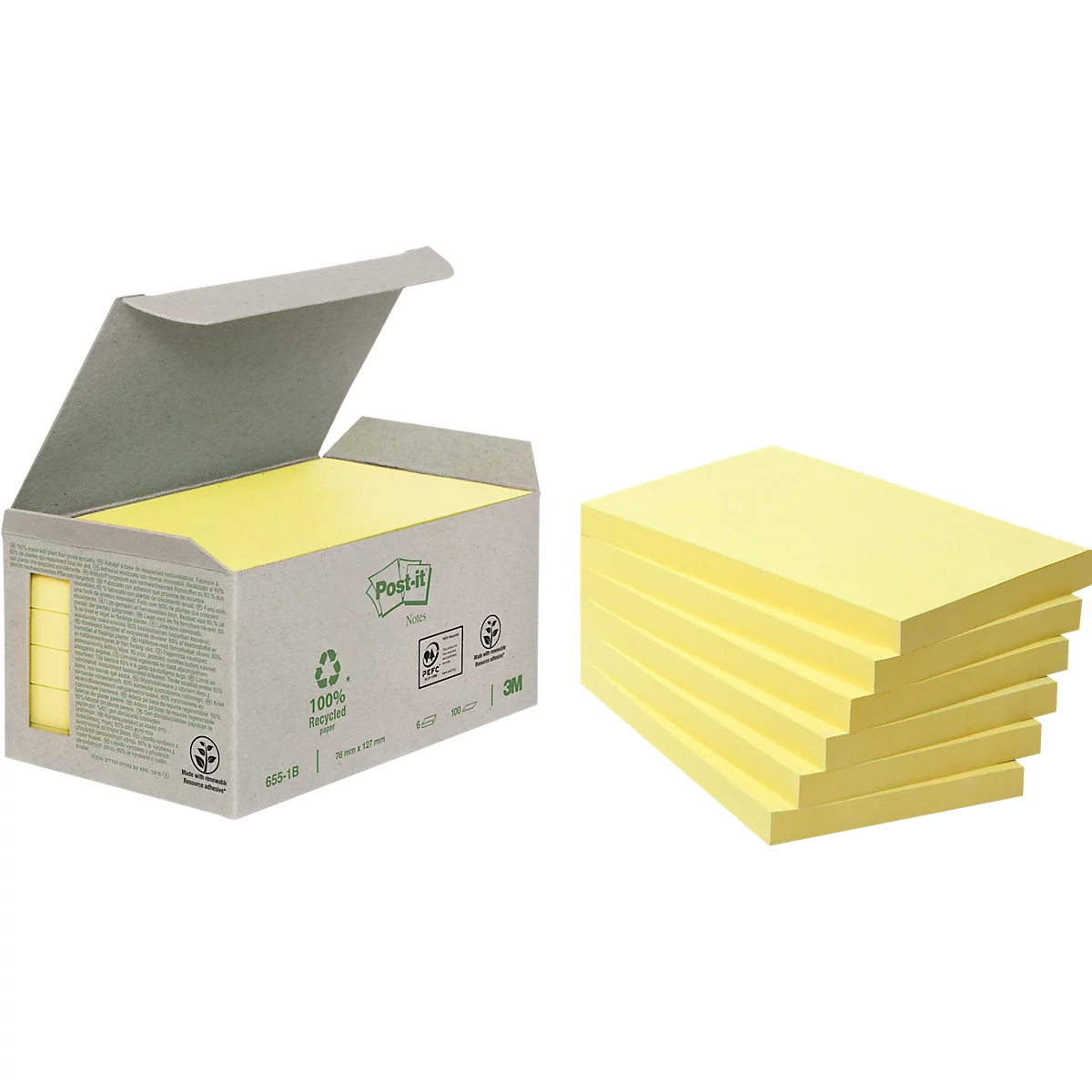 POST-IT notitieblaadjes, gerecycled papier, 127 mm x 76 mm, 6 x 100 vellen, geel