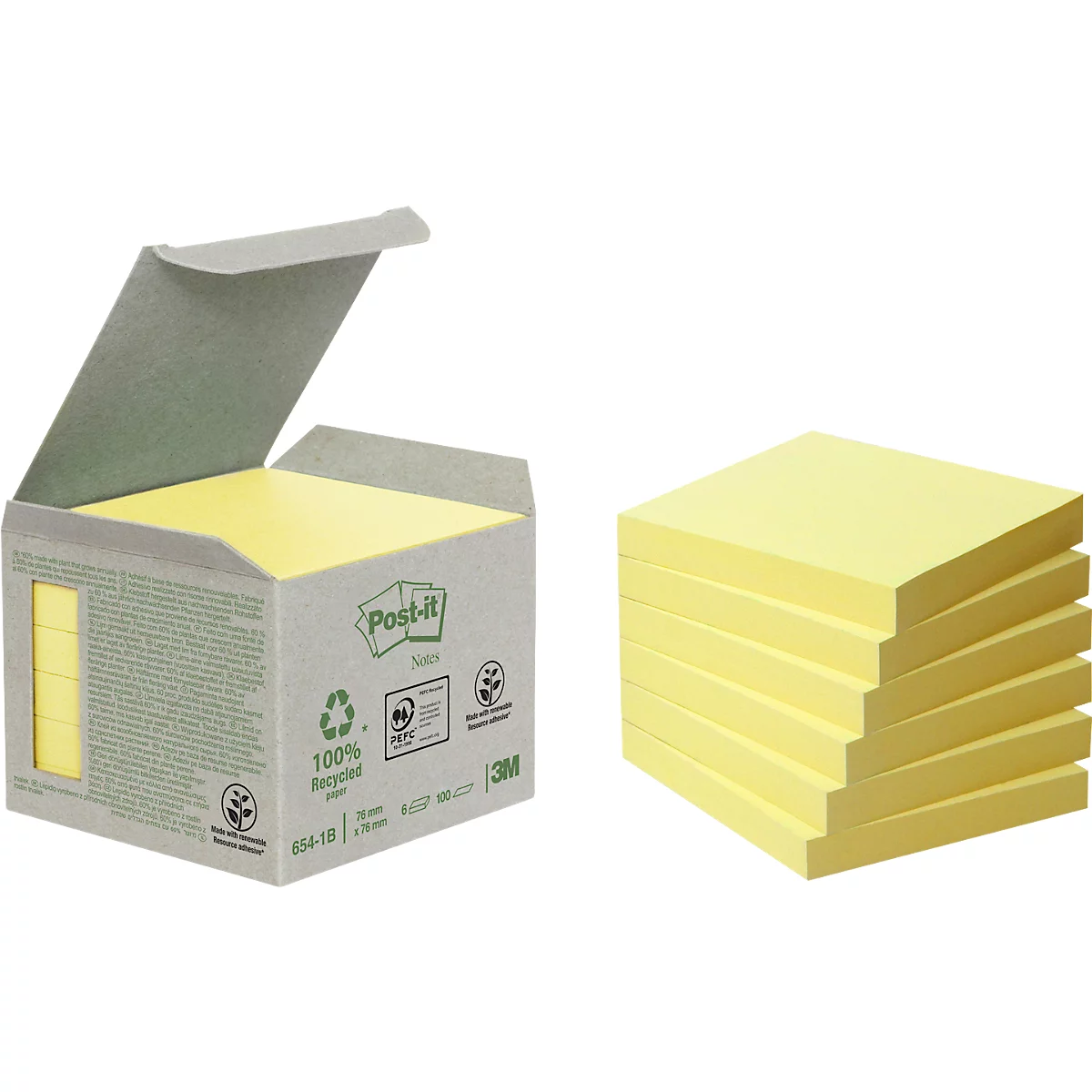 POST-IT notitieblaadjes, gerecycled papier, 76 mm x 76 mm, 6 x 100 vellen, geel