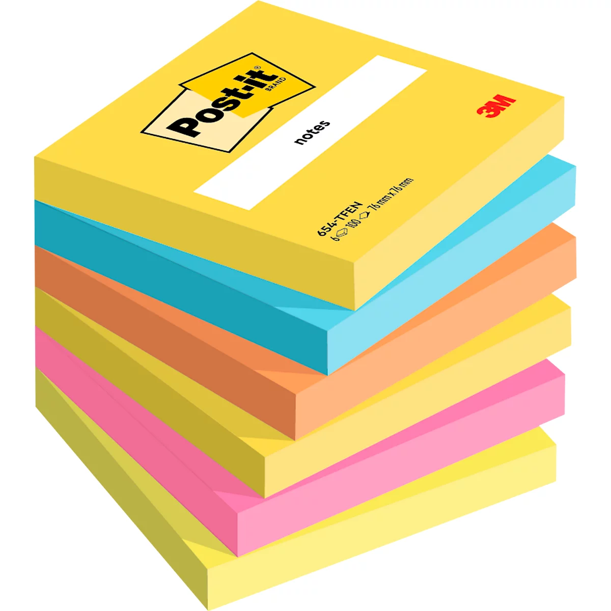 POST-IT notitieblaadjes Notes, diverse kleuren, 76 mm x 76 mm, pak van 6, 5 kleuren