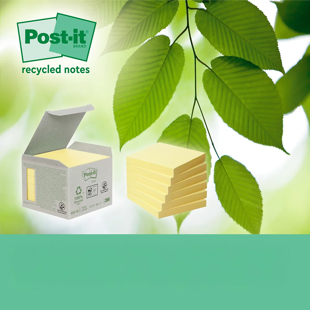 Bloc-notes Post-it jaunes, à la fois dans l'emballage et en pile, avec un fond vert.