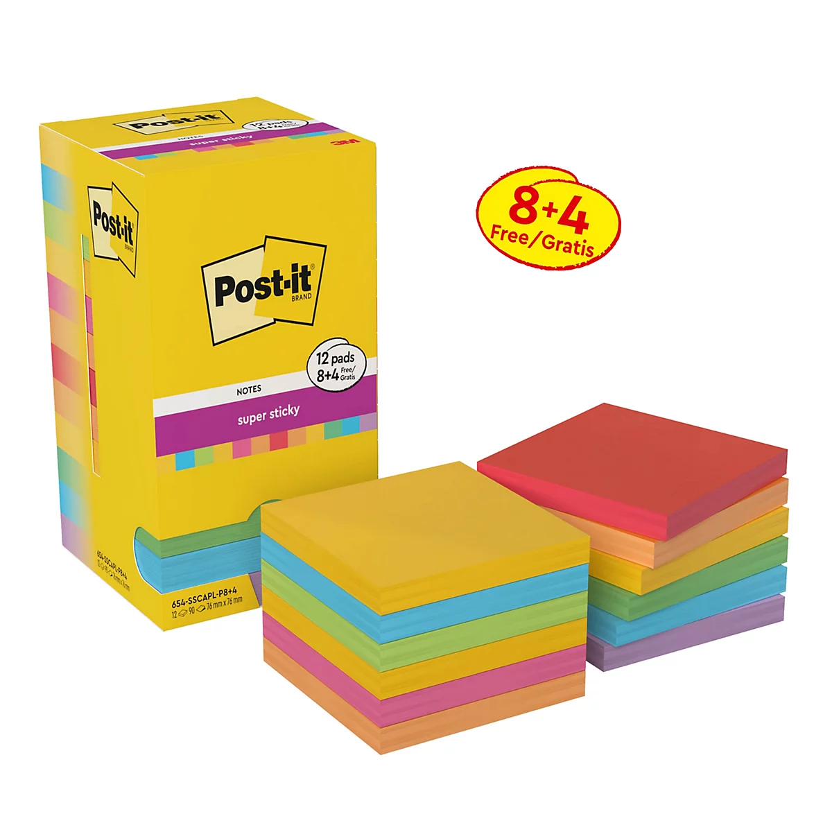 Emballage de blocs-notes Post-it jaunes, à côté de notes autocollantes carrées colorées et un autocollant avec "8+4 gratuit".