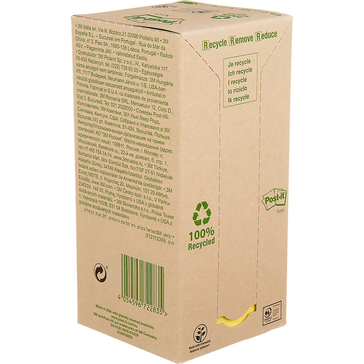 Een rechthoekige bruine doos met tekst. Op de zijkant staat "Recycle Remove Reduce" en "100% Recycled". Gele Post-it notes steken uit de doos.
