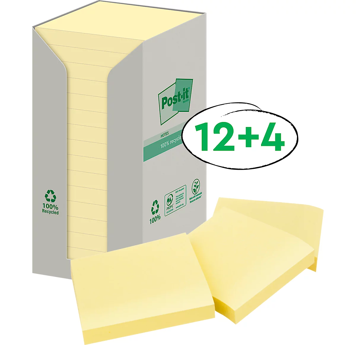Post-it® Recycling Notes 654-1T, B 76 x H 76 mm, 100 % Recycling-Papier, gelb, 16 Blöcke á 100 Blatt