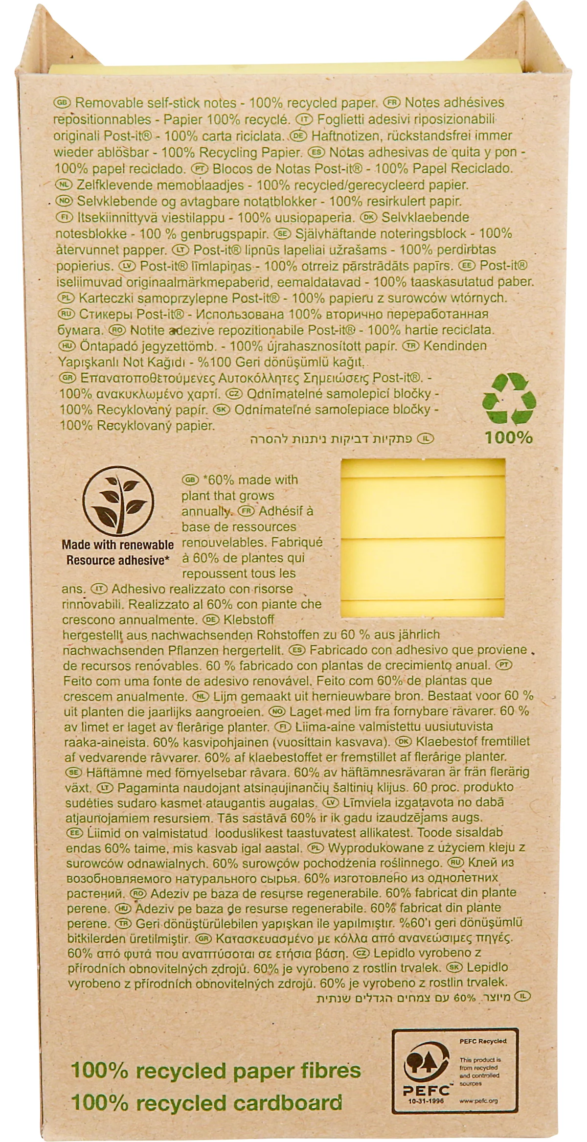 Post-it® Recycling Notes 654-1T, B 76 x H 76 mm, 100 % Recycling-Papier, gelb, 16 Blöcke á 100 Blatt