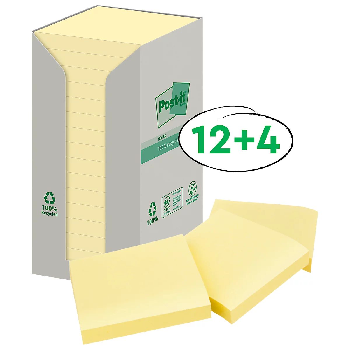 Post-it® Recycling Notes 654-1T, L 76 x H 76 mm, 100 % papier recyclé, jaune, 16 blocs de 100 feuilles
