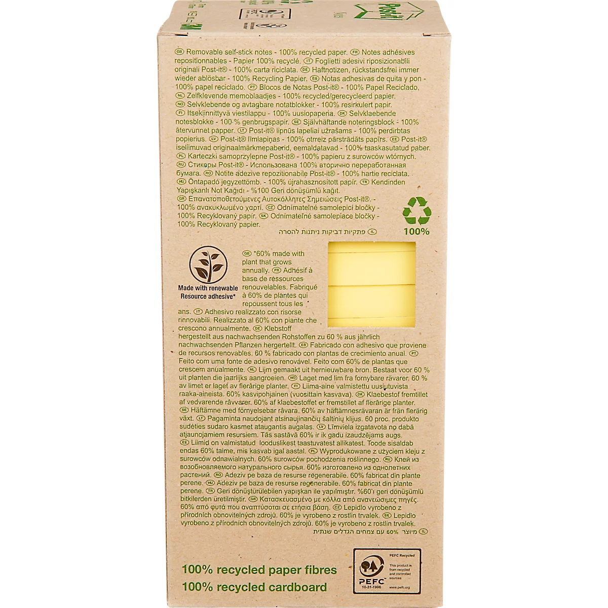 Post-it® Recycling Notes 654-1T, L 76 x H 76 mm, 100 % papier recyclé, jaune, 16 blocs de 100 feuilles