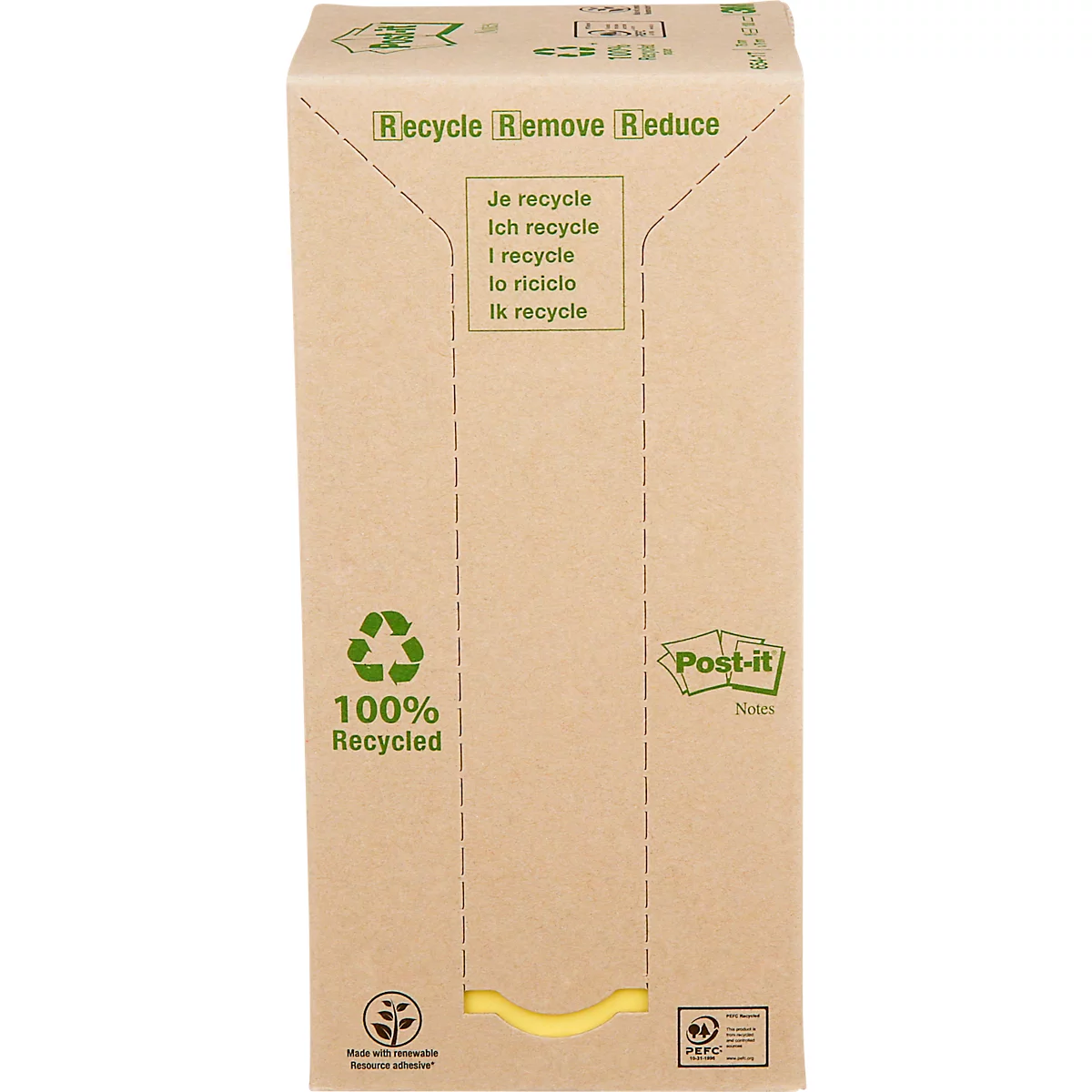 Post-it® Recycling Notes 654-1T, L 76 x H 76 mm, 100 % papier recyclé, jaune, 16 blocs de 100 feuilles