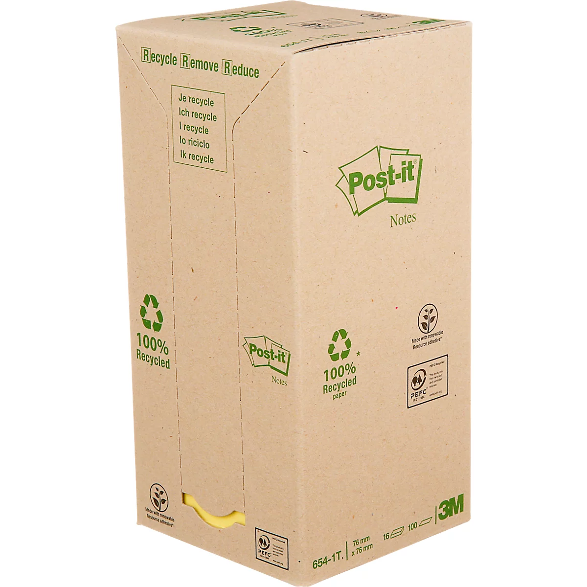 Post-it® Recycling Notes 654-1T, L 76 x H 76 mm, 100 % papier recyclé, jaune, 16 blocs de 100 feuilles