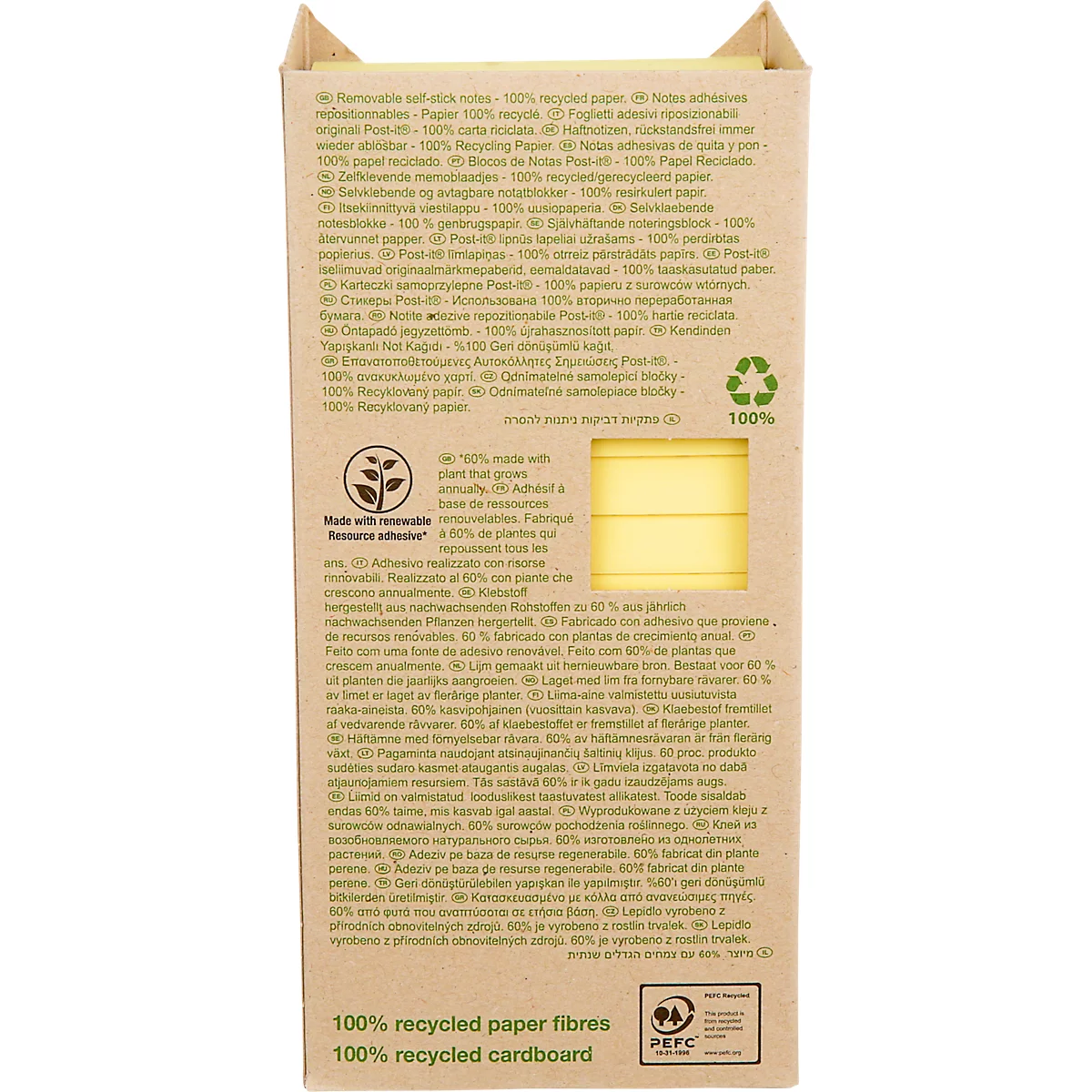 Post-it® Recycling Notes 654-1T, L 76 x H 76 mm, 100 % papier recyclé, jaune, 16 blocs de 100 feuilles
