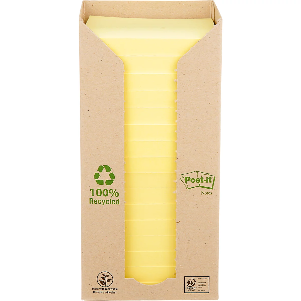 Post-it® Recycling Notes 654-1T, L 76 x H 76 mm, 100 % papier recyclé, jaune, 16 blocs de 100 feuilles