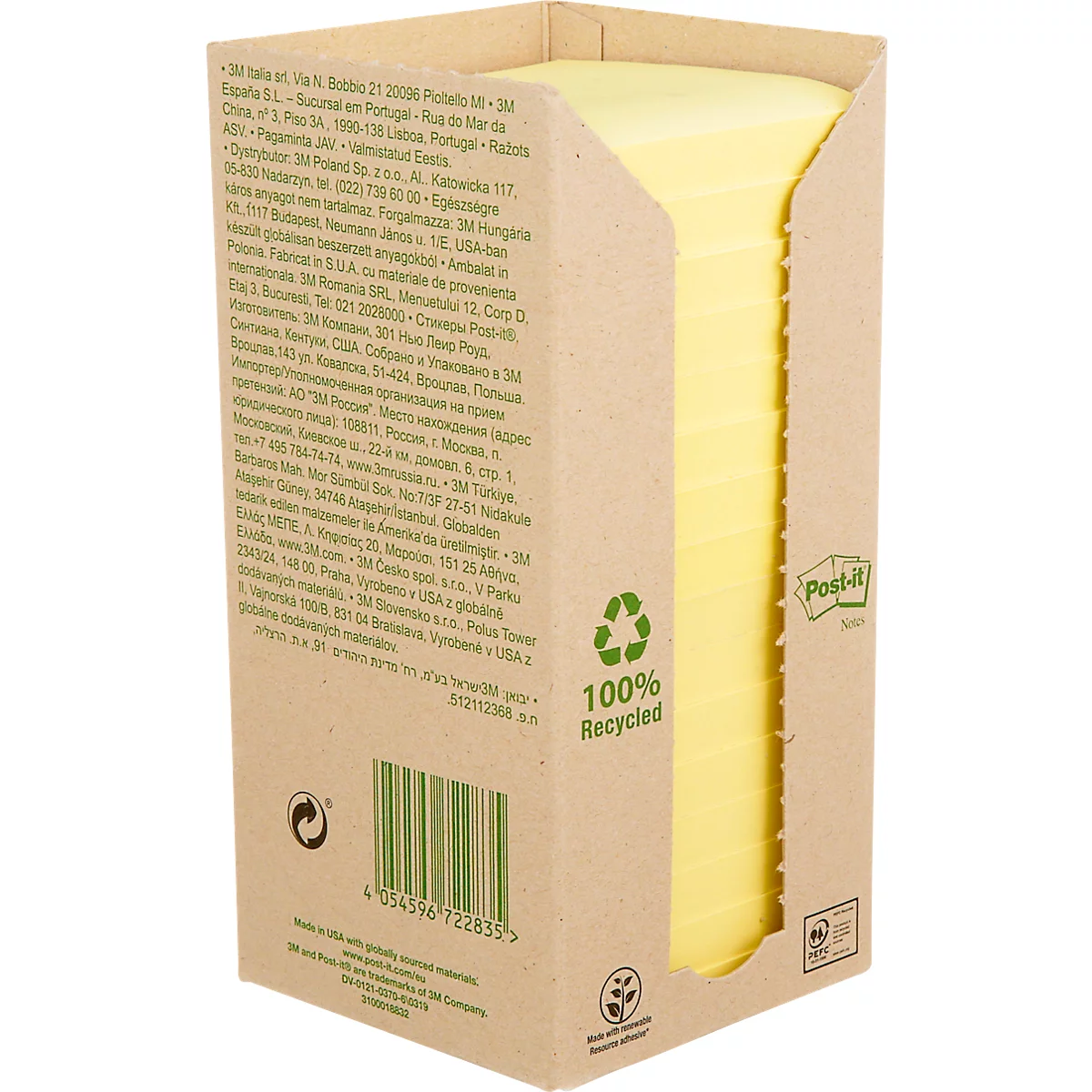 Post-it® Recycling Notes 654-1T, L 76 x H 76 mm, 100 % papier recyclé, jaune, 16 blocs de 100 feuilles
