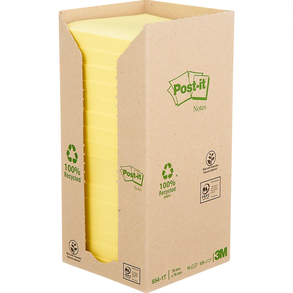 Post-it® Recycling Notes 654-1T, L 76 x H 76 mm, 100 % papier recyclé, jaune, 16 blocs de 100 feuilles