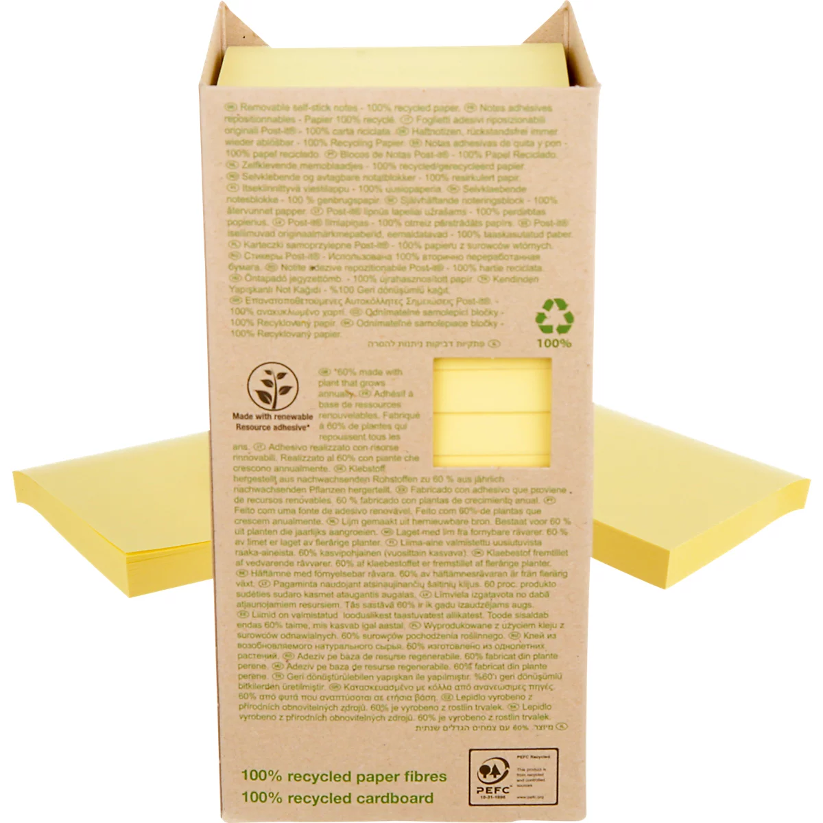 Post-it® Recycling Notes 654-1T, L 76 x H 76 mm, 100 % papier recyclé, jaune, 16 blocs de 100 feuilles