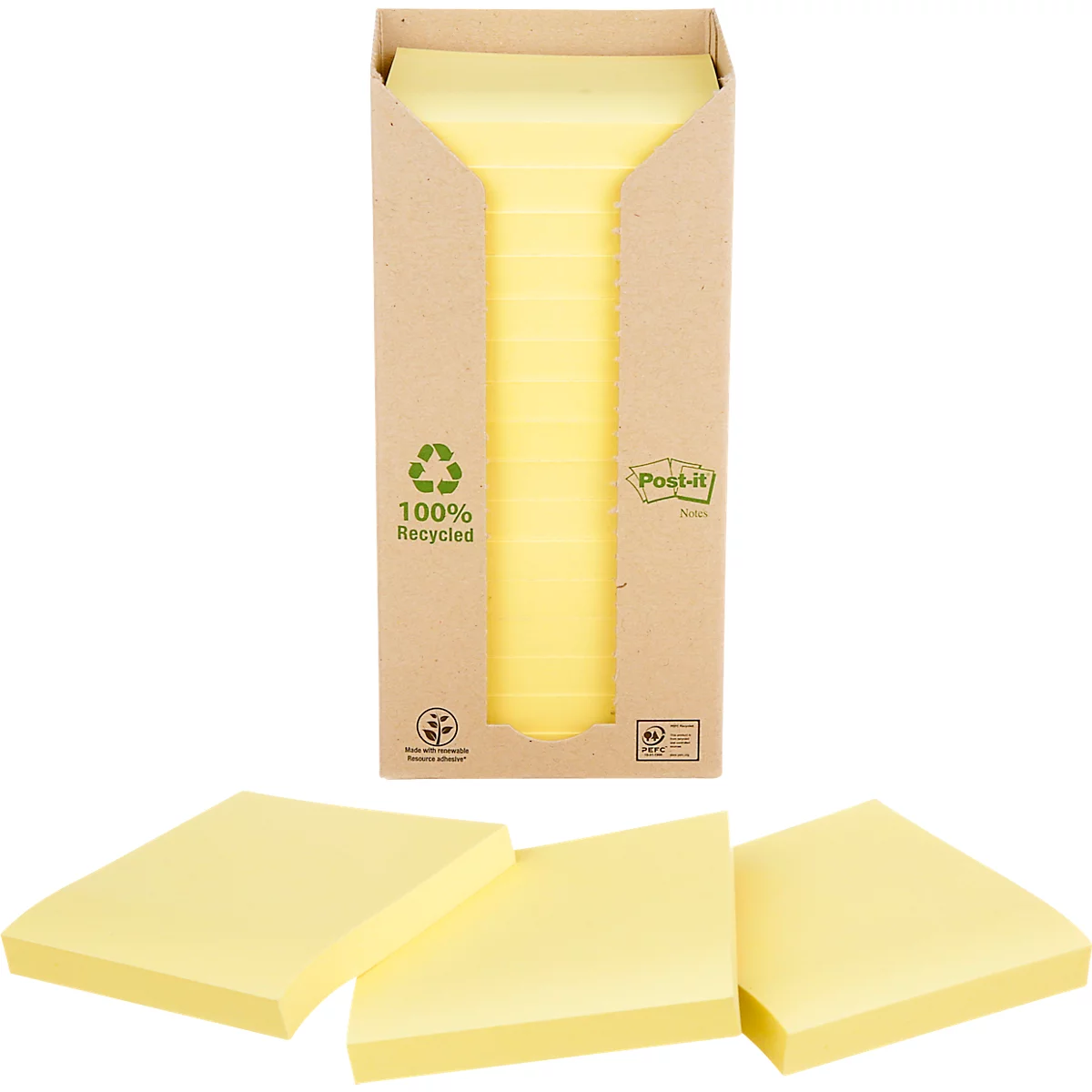 Post-it® Recycling Notes 654-1T, L 76 x H 76 mm, 100 % papier recyclé, jaune, 16 blocs de 100 feuilles