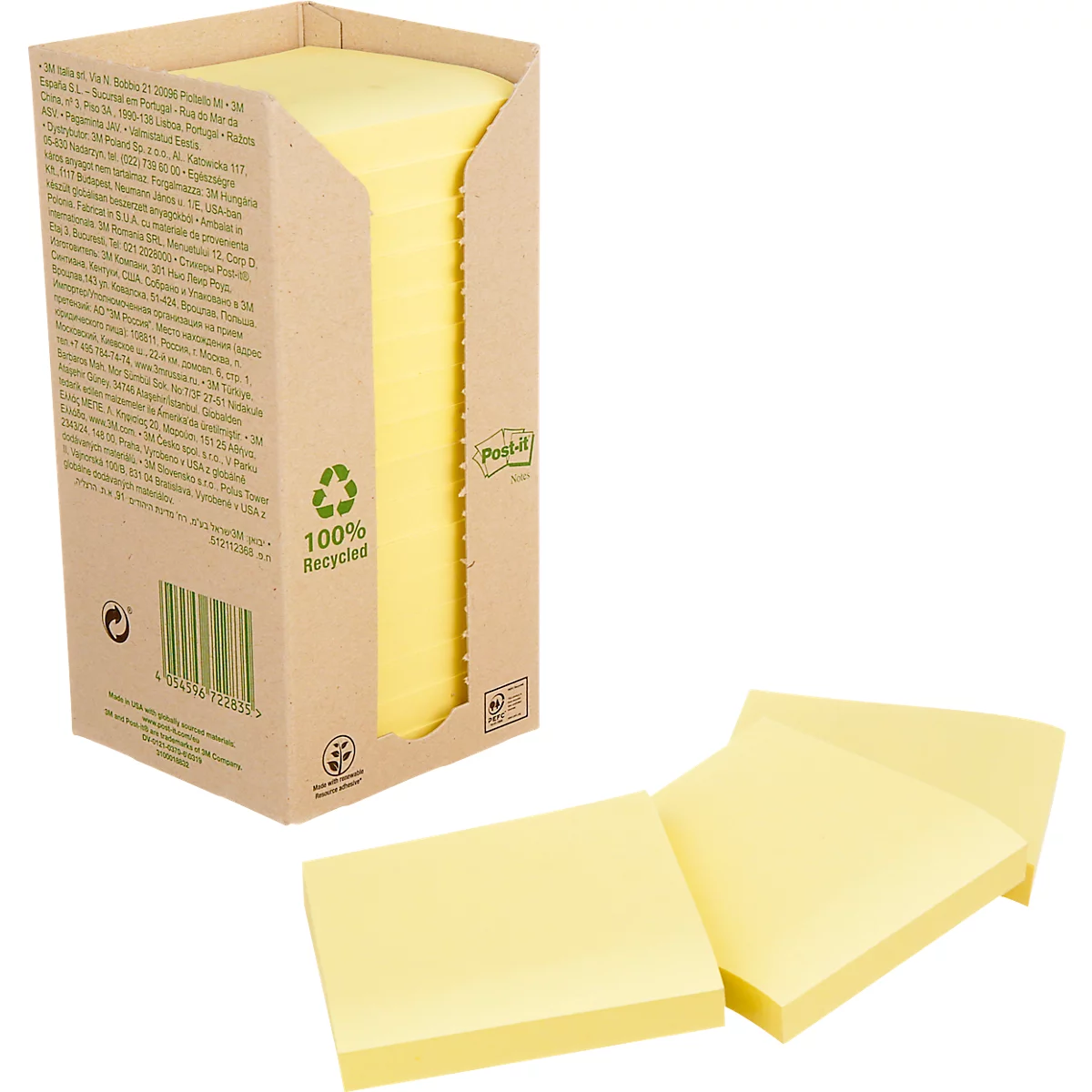 Post-it® Recycling Notes 654-1T, L 76 x H 76 mm, 100 % papier recyclé, jaune, 16 blocs de 100 feuilles