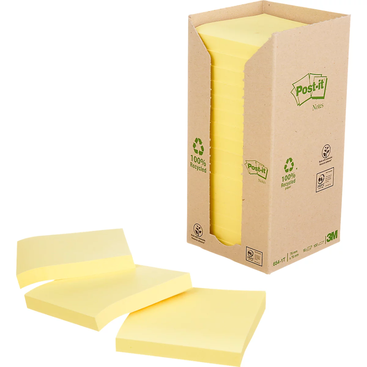 Post-it® Recycling Notes 654-1T, L 76 x H 76 mm, 100 % papier recyclé, jaune, 16 blocs de 100 feuilles