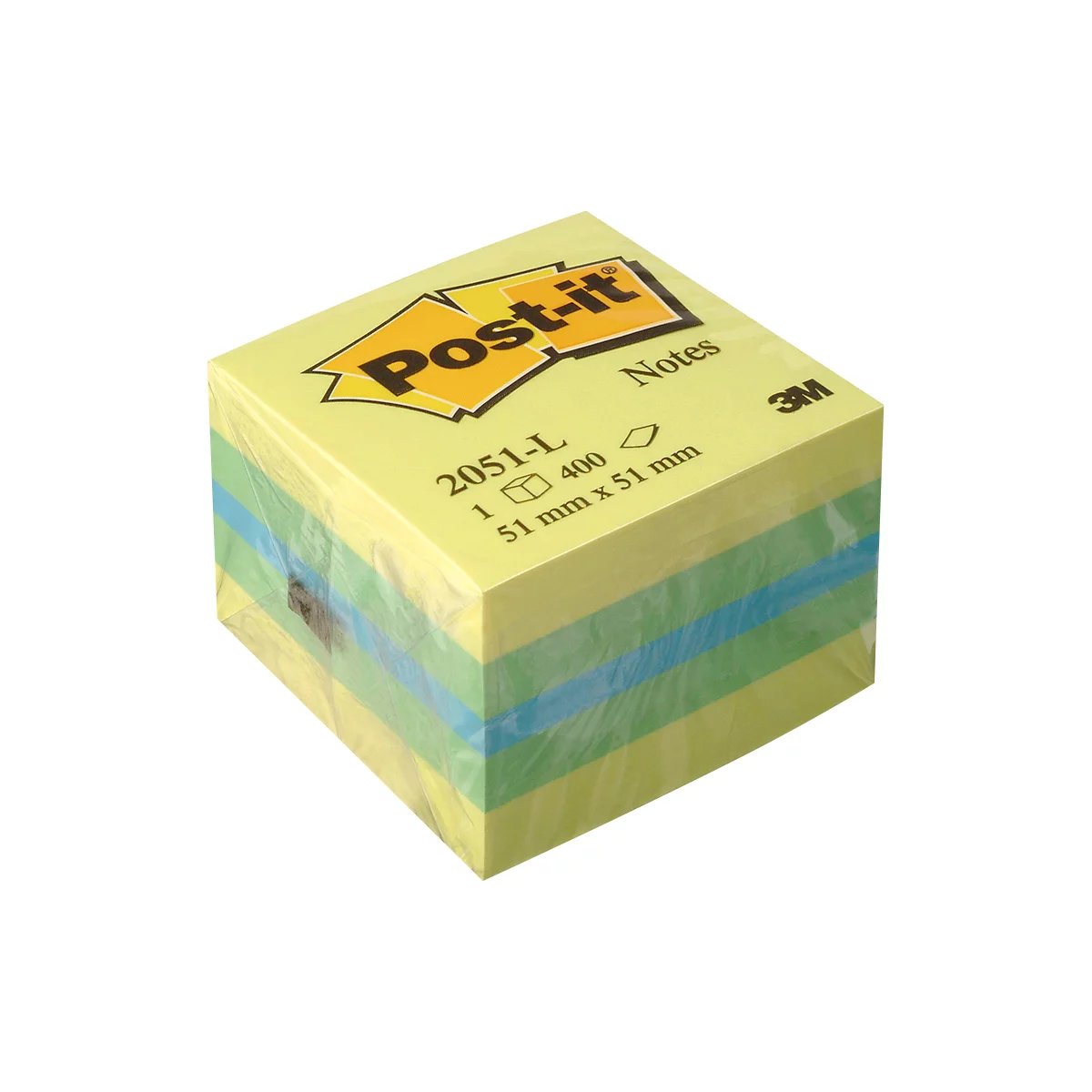 Square Post-it note block, wrapped in clear plastic. Yellow sticky notes with blue-green accents.