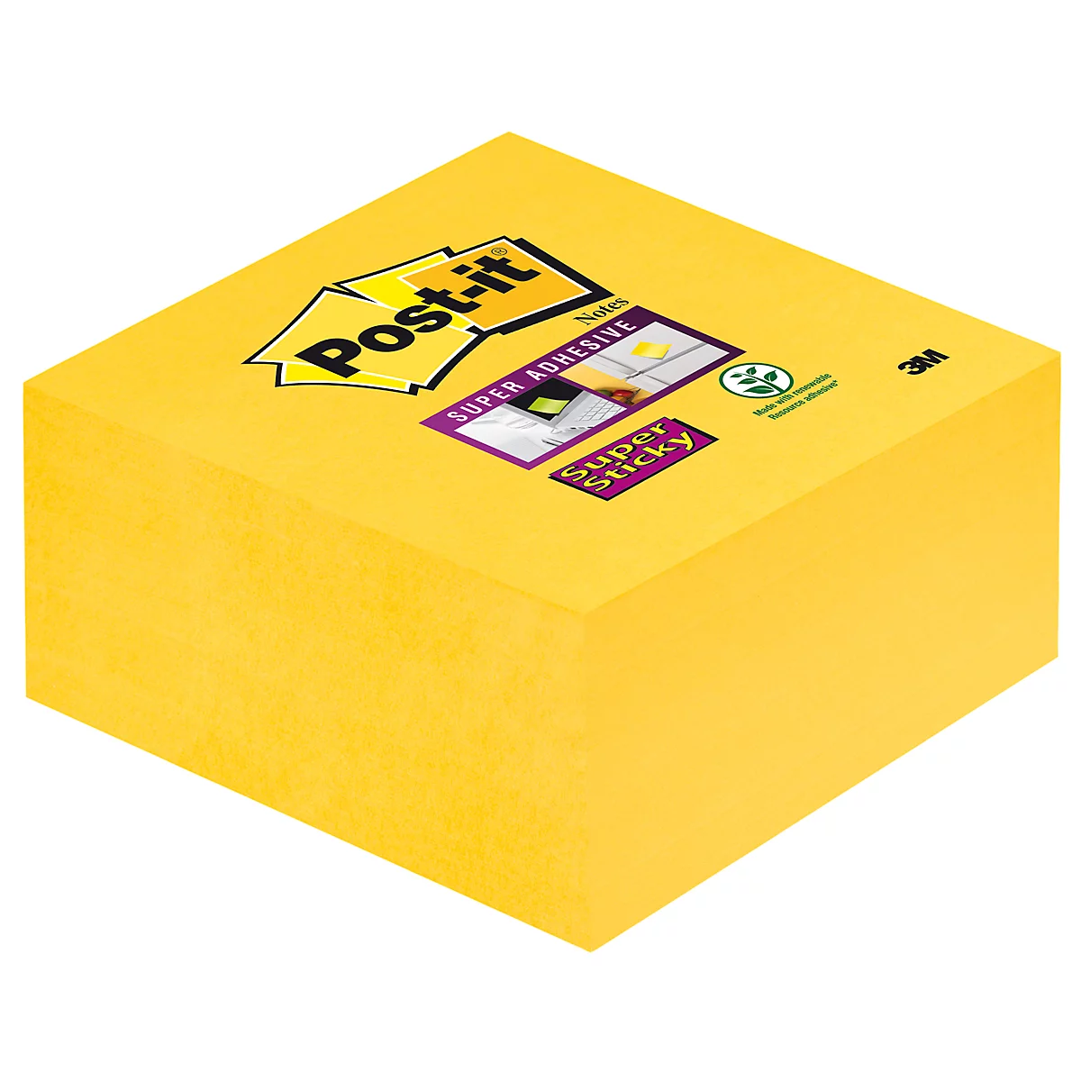 Yellow Post-it block; prints: Post-it, Super Adhesive, Super Sticky, 3M logo.