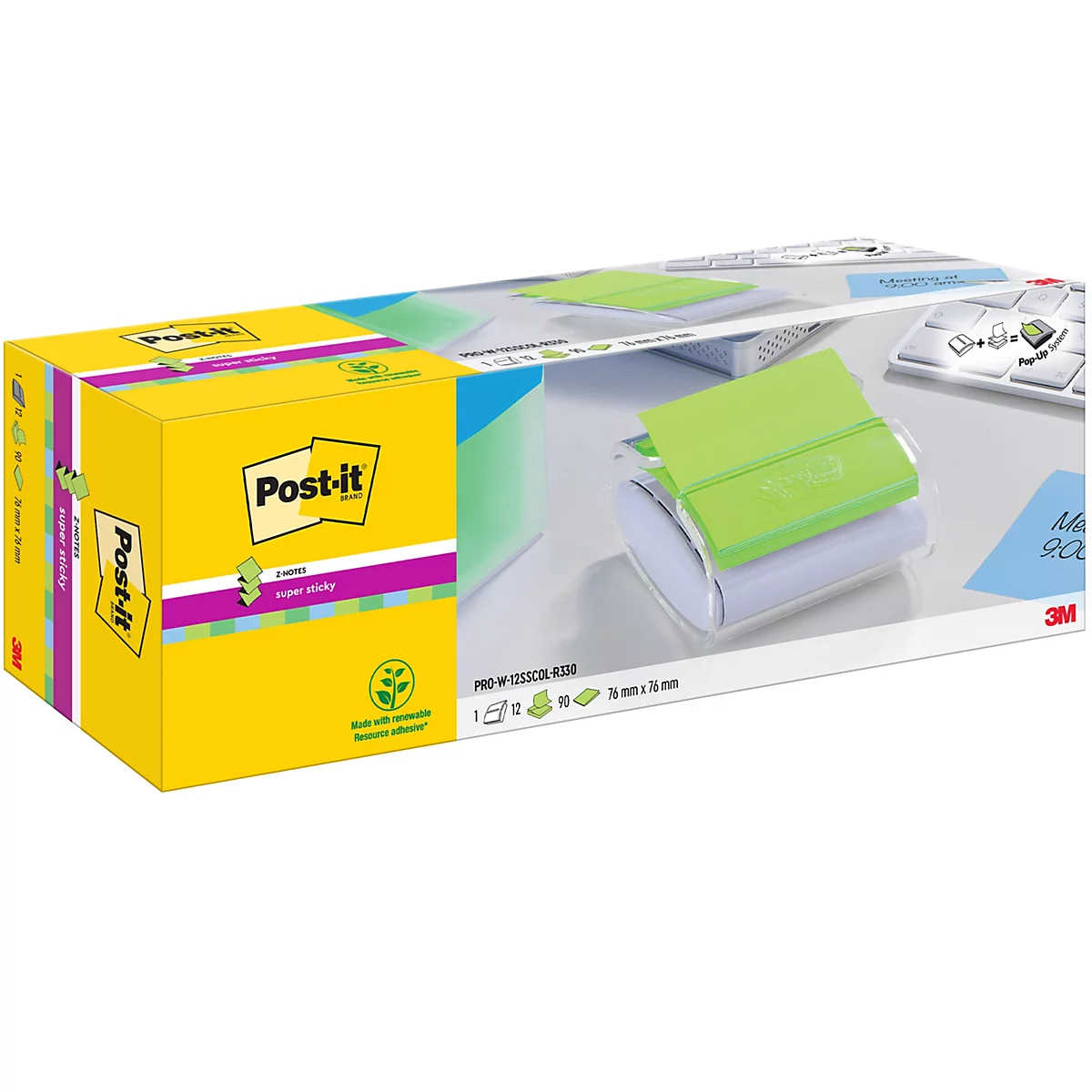Gele Post-it blok, ernaast een groene dispenserrol met plaknotities. Een bureau op de achtergrond.