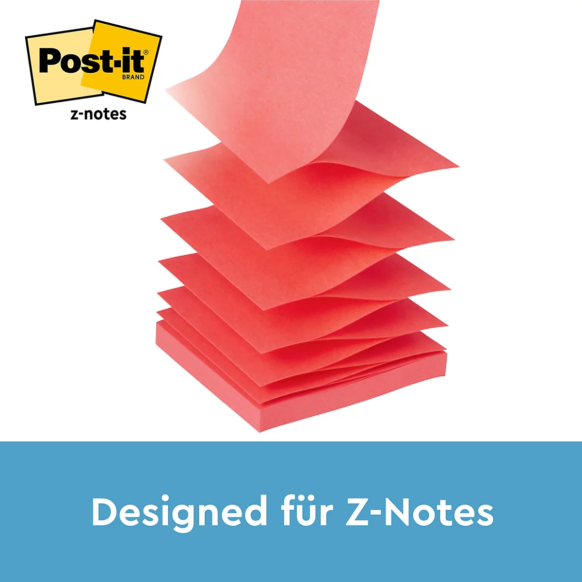 Rode Post-it Z-Notes blokken, met enkele vellen die omhoog komen. Linksboven Post-it logo en "z-notes" tekst. Blauwe balk met "Designed voor Z-Notes".