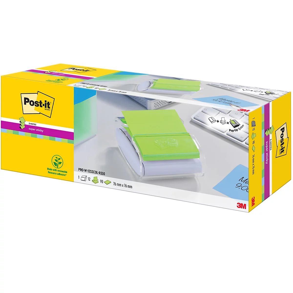 Gele Post-it verpakking met een groene dispenser en plaknotities op een bureau.