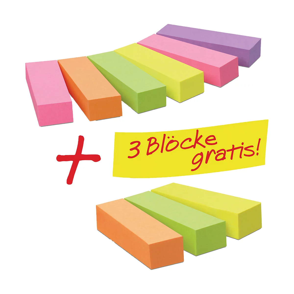 Various colored sticky notes: pink, orange, green, yellow and purple, with a red plus sign and the text '3 blocks free!'