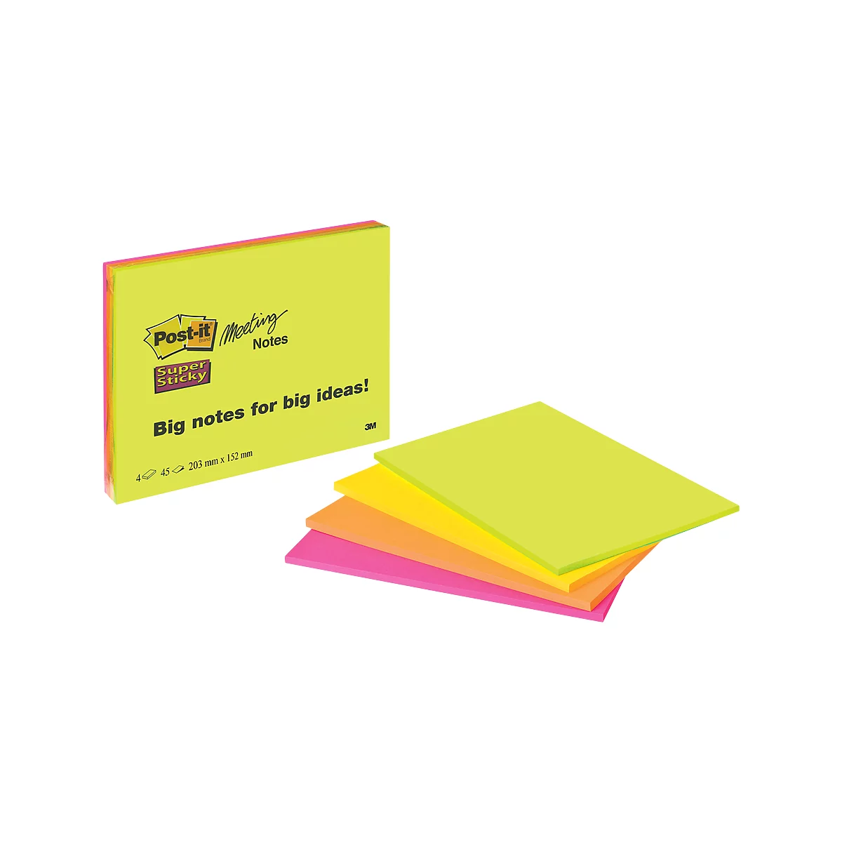 Neon-colored Post-it note pads. A stack of pads next to it. One pad reads: "Big notes for big ideas!"