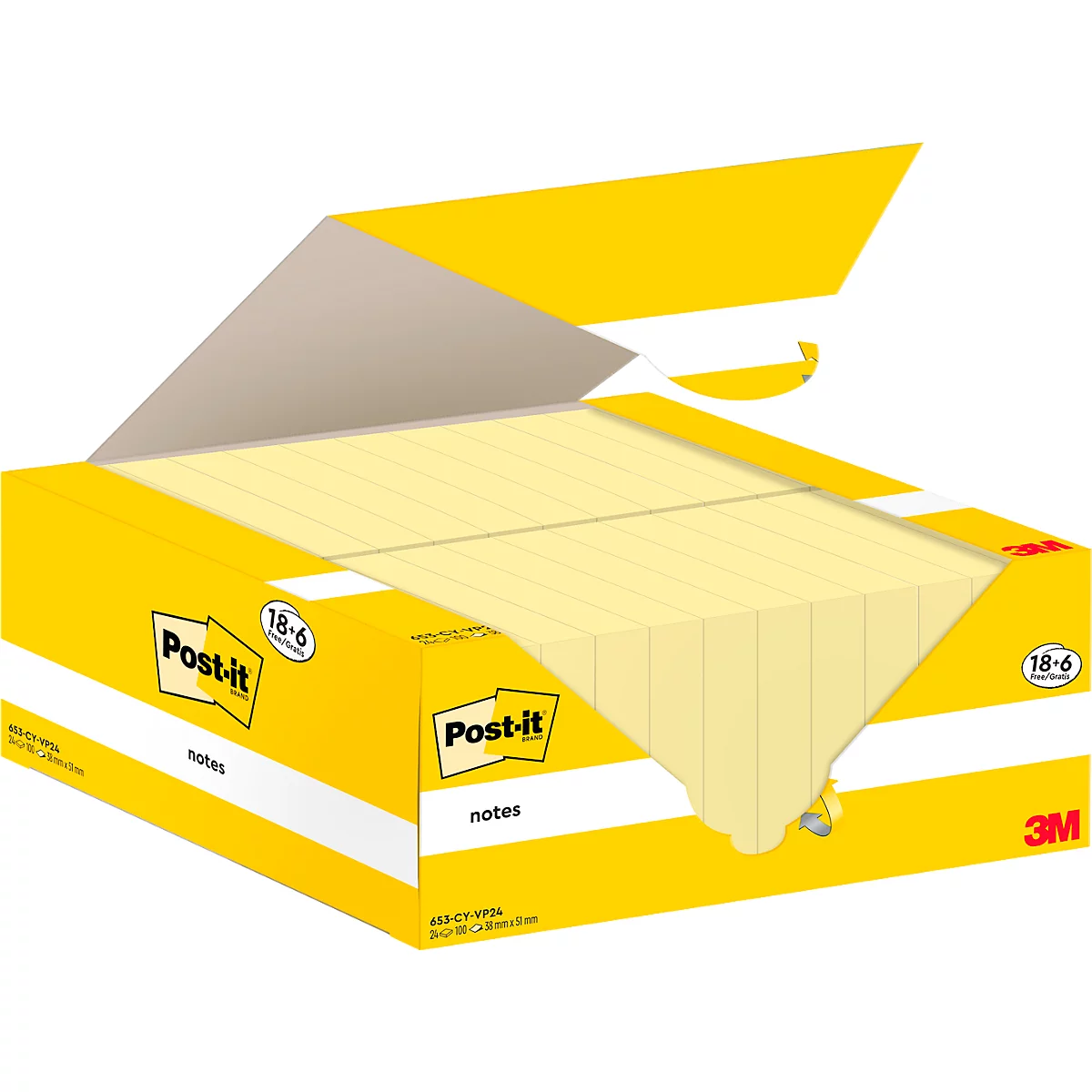 Gele Post-it notes in een open doos. Op de doos staat "Post-it" en "notes".
