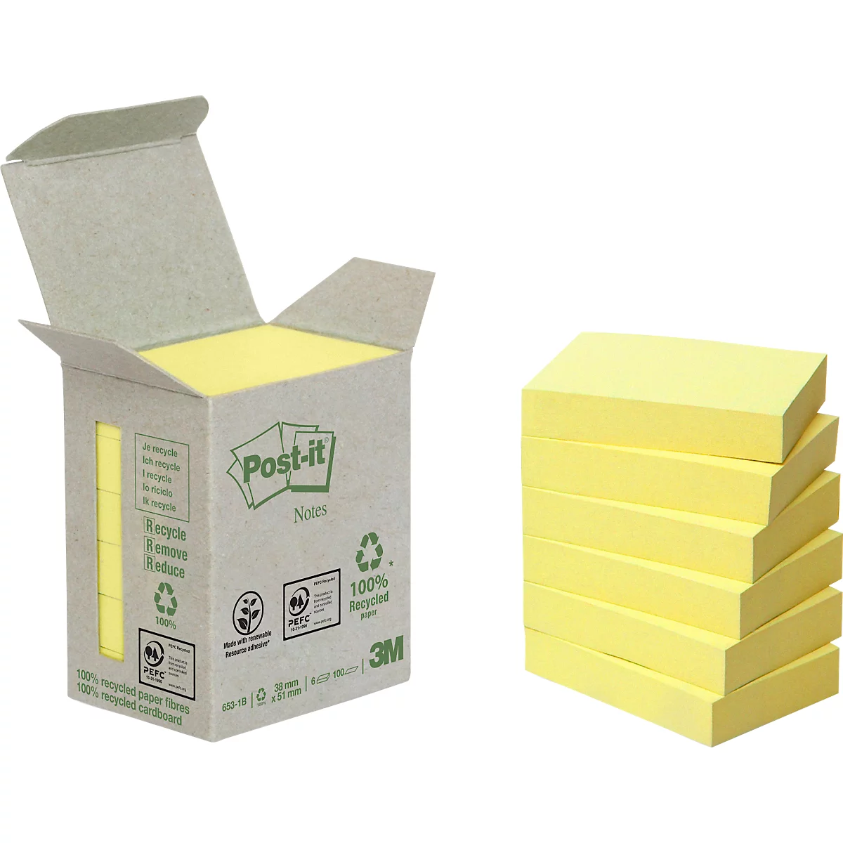Two yellow Post-it notes, one in a box, and a stack next to it. The box with the Post-it logo.