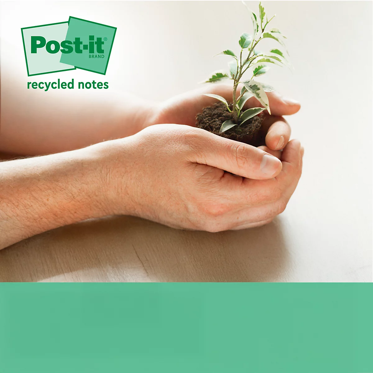 Twee handen houden voorzichtig een kleine plant met aarde vast, tegen een lichte achtergrond. Post-it logo met de opdruk recycled notes.