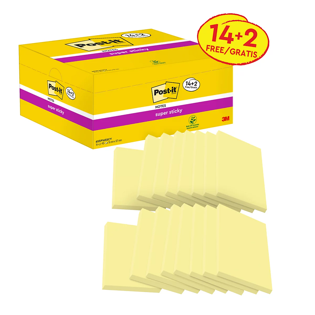 Gele Post-it notes, verpakking met 14+2 gratis. Inscriptie: Super Sticky.